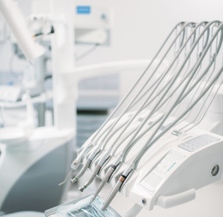 Dental equipment in dentistry clinic, stomatology cabinet interior, nobody. Dentist tools, orthodontist workplace